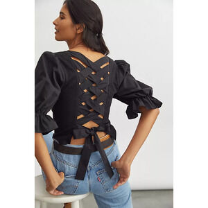 Anthropologie Sunday in Brooklyn Tie Back Corset Top Black Puff Sleeve Whimsy